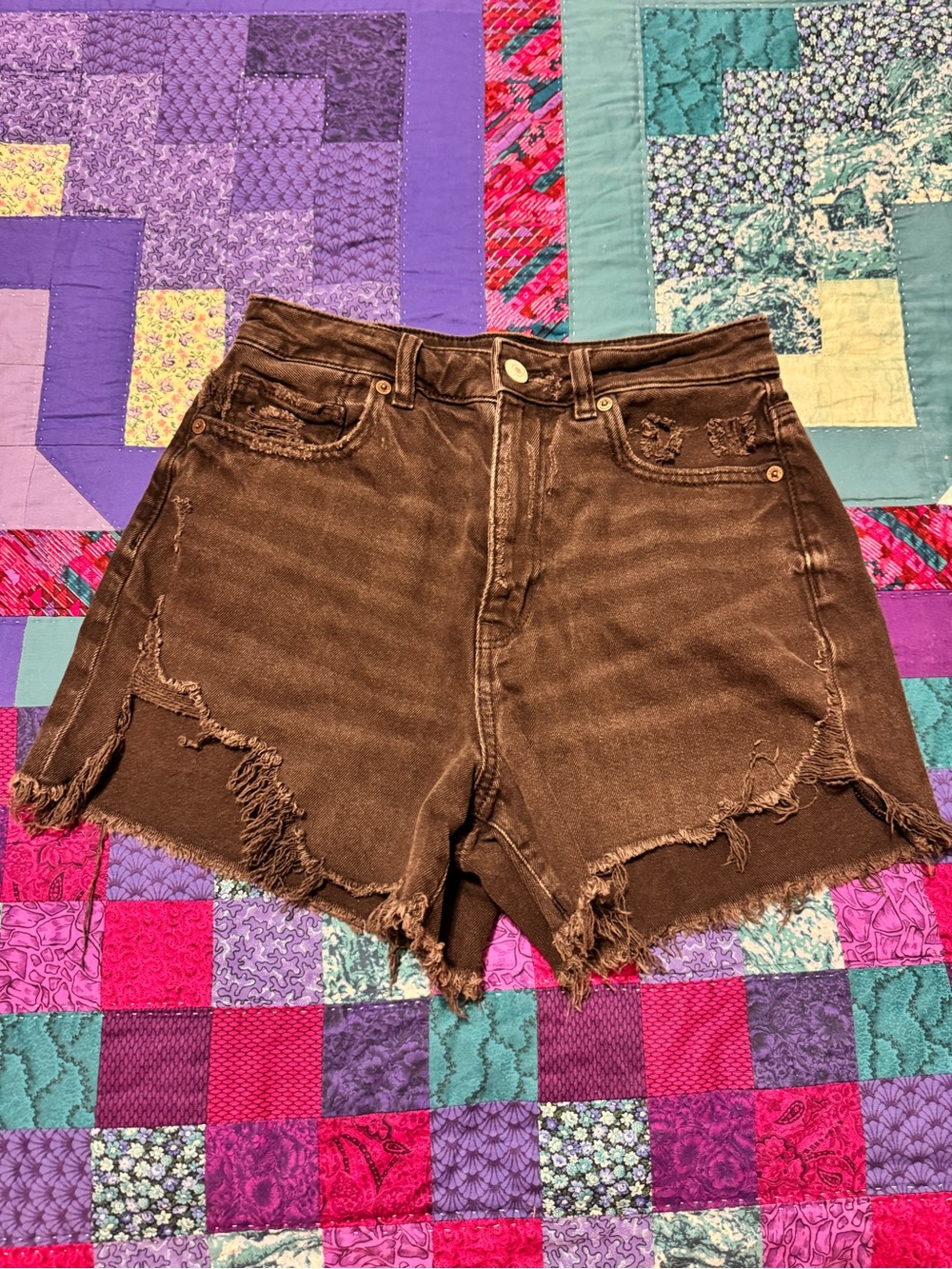 American Eagle Womens Distressed High-Waist Black Denim Shorts